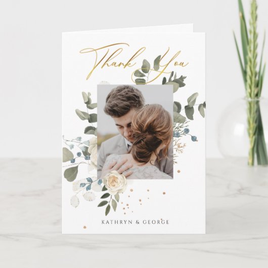 Soft Floral Gold Botanical Foliage Wedding Foto Dankeskarte (Vorderseite)