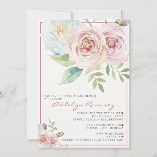 Soft Floral Romantic Greenery Mauve Baby Dusche Einladung (Vorderseite)