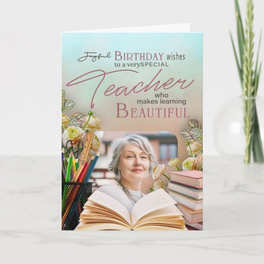 Soft Floral Teacher Birthday Keepsake Photo  Karte (Vorderseite)