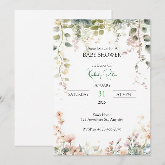 Soft Floral Watercolor Frame Einladung (Vorne/Hinten)