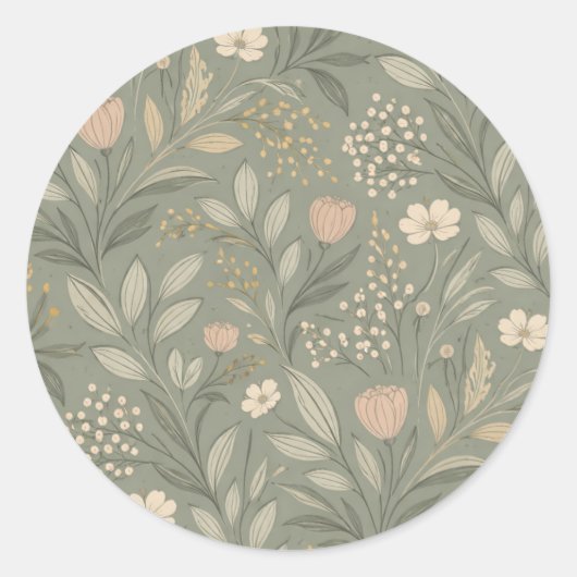 Soft Flowers on Sage Green Earthy Tones Runder Aufkleber (Vorderseite)