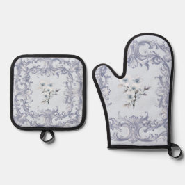 Soft French blue Scrolls mit Blume Ofenhandschuh & Topflappen-Set
