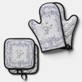 Soft French blue Scrolls mit Blume Ofenhandschuh & Topflappen-Set (Vorderseite/Rückseite)