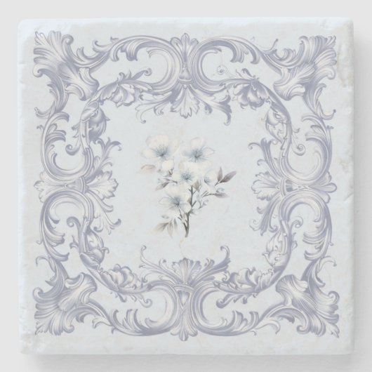 Soft French blue Scrolls mit Blume Steinuntersetzer (Vorderseite)