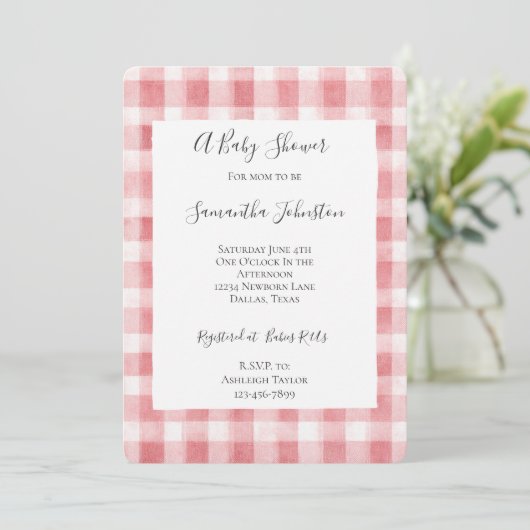 Soft Girly Pink White Plaid Stripes Baby Shower Einladung (Stehend Vorderseite)