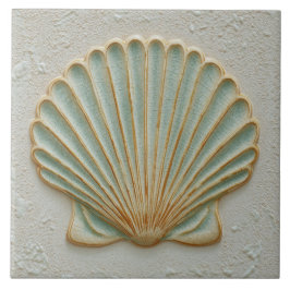 Soft Gold and Aqua Coastal Scallop Shell Fliese
