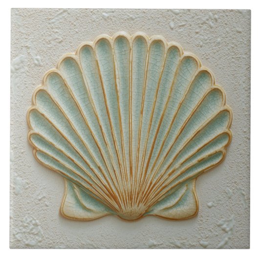 Soft Gold and Aqua Coastal Scallop Shell Fliese (Vorderseite)