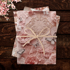 Soft Gold Baroque Blush Floral Butterfly Collage Geschenkpapier Set