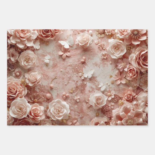 Soft Gold Baroque Blush Floral Butterfly Collage Geschenkpapier Set (Vorderseite 2)
