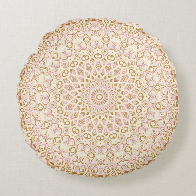 Soft Golden Blush Mandala Design Rundes Kissen (Vorderseite)
