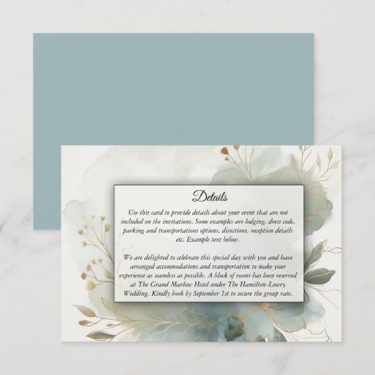 Soft Golden Dusty Blue Romance Wedding Begleitkarte (Vorne/Hinten)