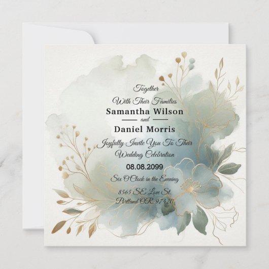 Soft Golden Dusty Blue Romance Wedding Einladung (Vorderseite)