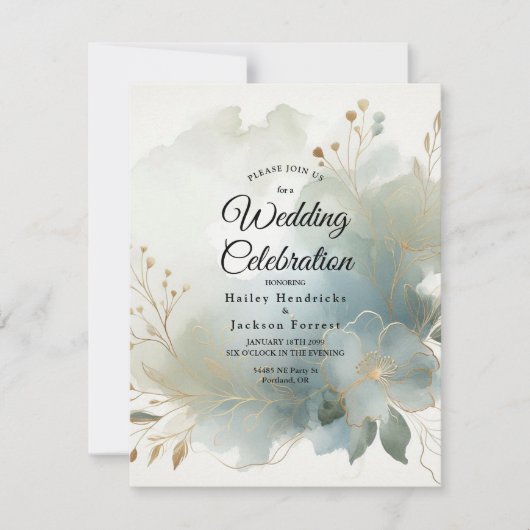 Soft Golden Dusty Blue Romance Wedding Einladung (Vorderseite)
