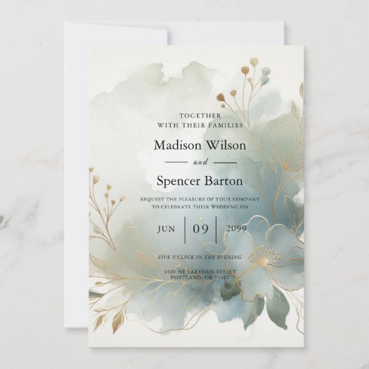 Soft Golden Dusty Blue Romance Wedding Einladung (Vorderseite)