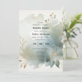 Soft Golden Dusty Blue Romance Wedding Einladung (Stehend Vorderseite)