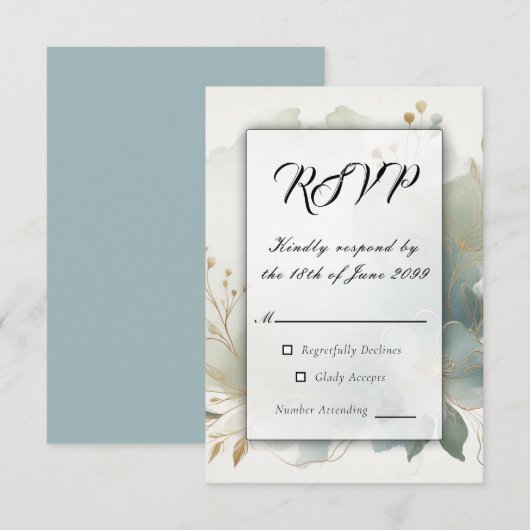 Soft Golden Dusty Blue Romance Wedding RSVP Karte (Vorne/Hinten)