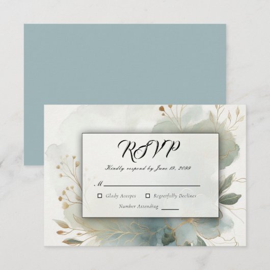 Soft Golden Dusty Blue Romance Wedding RSVP Karte (Vorne/Hinten)