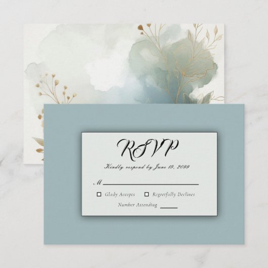 Soft Golden Dusty Blue Romance Wedding RSVP Karte (Vorne/Hinten)