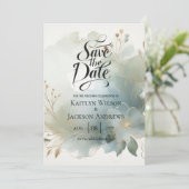Soft Golden Dusty Blue Romance Wedding Save The Date (Stehend Vorderseite)
