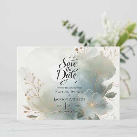 Soft Golden Dusty Blue Romance Wedding Save The Date (Stehend Vorderseite)