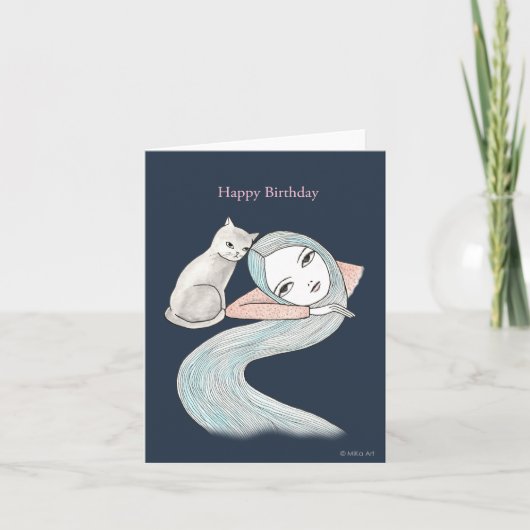 Soft Goth Witchy Birthday Long Hair Girl and a Cat Karte (Vorderseite)