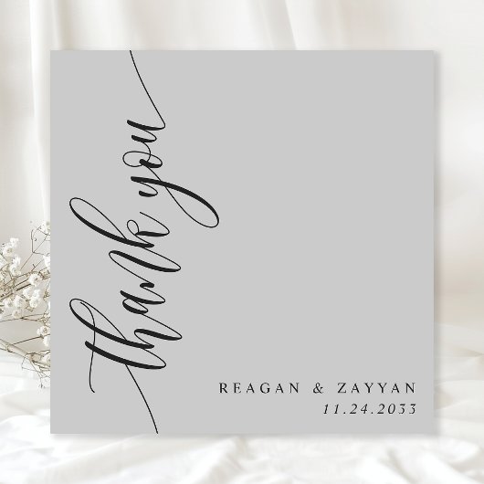 Soft Gray Calligraphy Script Wedding Dankeskarte