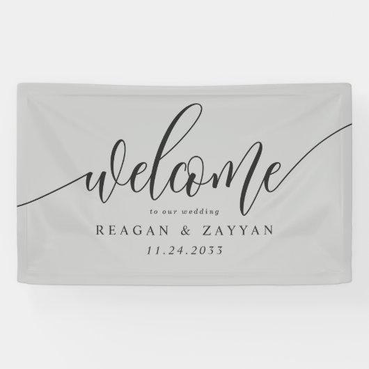 Soft Gray Calligraphy Simple Wedding Willkommen Banner (Horizontal)