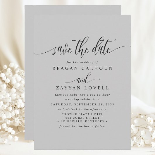 Soft Gray Elegante Calligraphy Save the Date