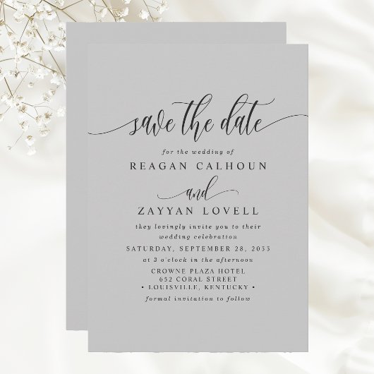 Soft Gray Elegante Calligraphy Save the Date