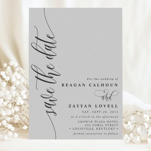 Soft Gray Simple Modern Script Save the Date