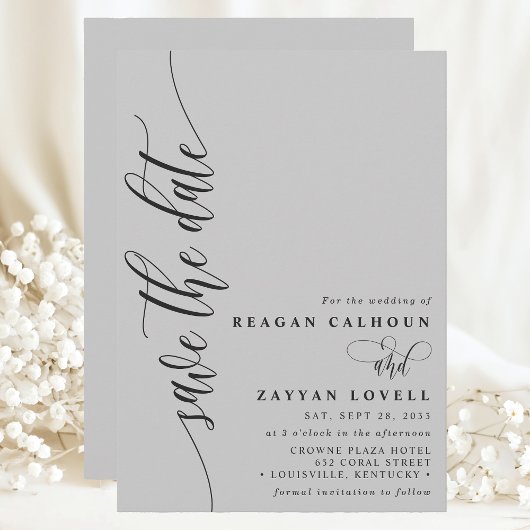 Soft Gray Simple Modern Script Save the Date