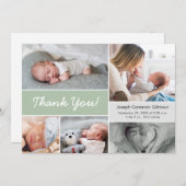 Soft Green Custom Foto Collage Baby Boy Birth Dankeskarte (Vorne/Hinten)