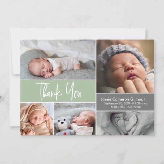 Soft Green Custom Foto Collage Geburt Baby Dusche Dankeskarte (Vorderseite)