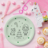 Soft Green Cute Girl and Cat Christmas Design Pappteller (Party)