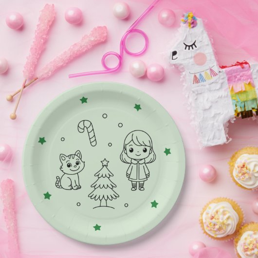 Soft Green Cute Girl and Cat Christmas Design Pappteller (Party)