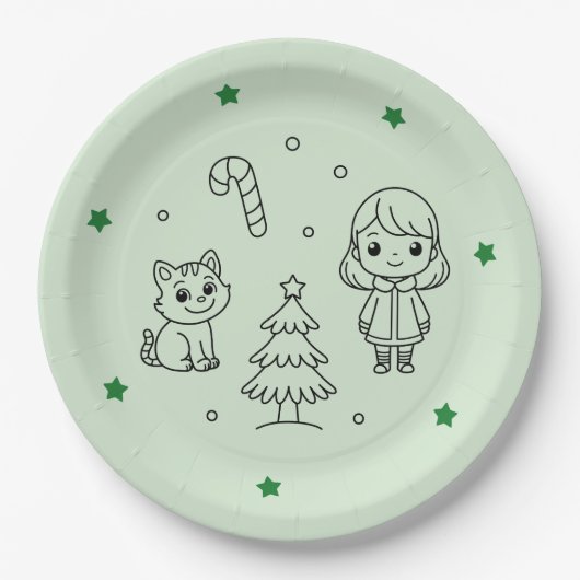 Soft Green Cute Girl and Cat Christmas Design Pappteller (Vorderseite)