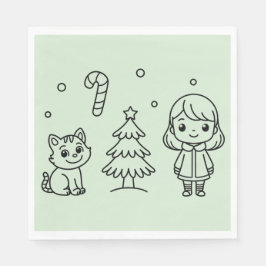 Soft Green Cute Girl and Cat Christmas Design Serviette