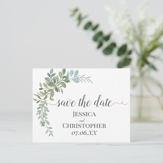 Soft Green Eucalyptus Watercolor Rustic Wedding Ankündigungspostkarte (Stehend Vorderseite)