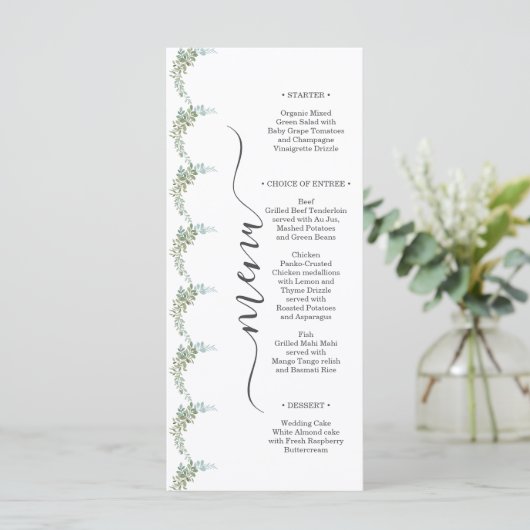 Soft Green Eucalyptus Watercolor Rustic Wedding Menükarte (Stehend Vorderseite)