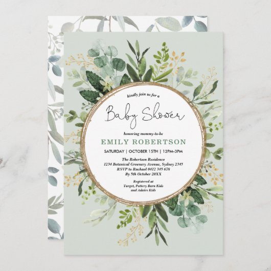 Soft Green Gold Botanical Greenery Baby Dusche Einladung (Vorne/Hinten)