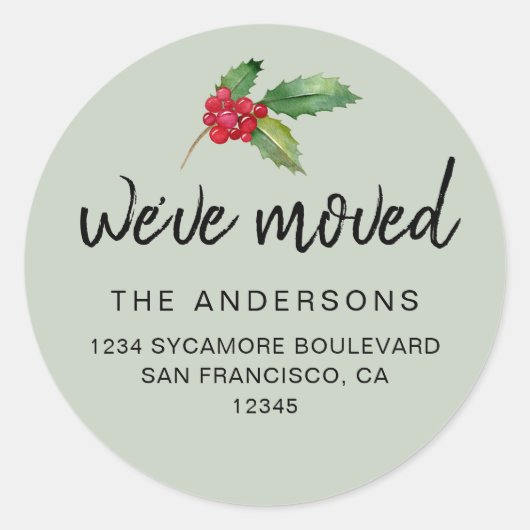 Soft Green Holly We’ve Moved Address Runder Aufkleber (Vorderseite)