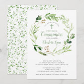 Soft Green Leaf Erste Kommune Einladung (Vorne/Hinten)