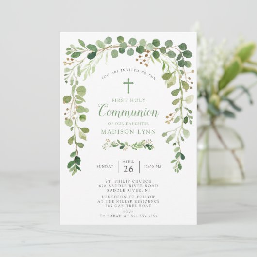 Soft Green Leaf Erste Kommune Einladung (Stehend Vorderseite)