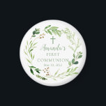 Soft Green Leaf First Communitymagnet Magnet<br><div class="desc">Schönes handgemaltes Aquarelldesign mit einem weichen grünen Blattkranz und Kreuz.</div>