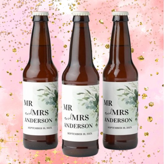 Soft Green Succulent Wedding Floral Botanical Pape Bierflaschenetikett