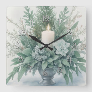 Soft Green Tones Weihnachtskerze Quadratische Wanduhr