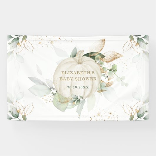 Soft Greenery Gold Pumpkin Fall Baby Shower Party Banner (Horizontal)
