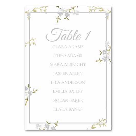 Soft Grey Floral Elegant Wedding Seating Chart Tischnummer (Vorderseite)