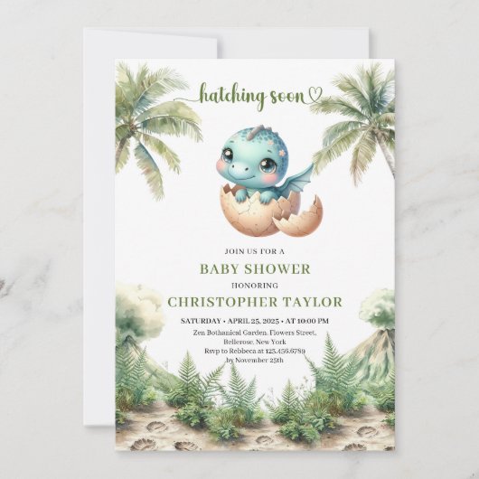 Soft Hatching Soon Watercolor Dinosaur Invite Einladung (Vorderseite)