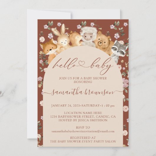 Soft Hello Baby Shower Forest Animals Einladung (Vorderseite)